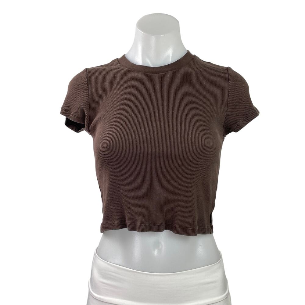 Aritzia TNA Brown Ribbed Knit Crewneck Short Sleeve Crop Tee T-shirt Top Size M